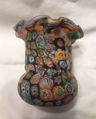 Vintage 2.  5” Murano Art Glass Ruffled Vase With Millefiori Made In Italy