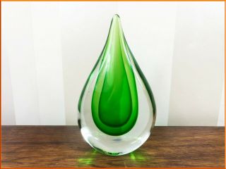 Vintage Murano Teardrop Glass Sommerso Sculpture Green Cased Art Large Emerald