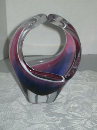 Hand Blown Art Glass Basket Signed Violet,  Blue & White