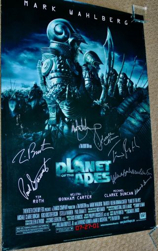 Hand Signed Planet Of The Apes Movie Poster Tim Burton Mark Whalberg 1