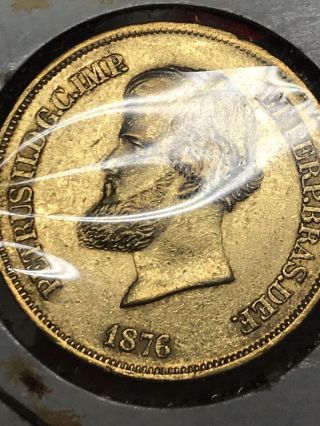 Brazil 1876 Gold 10000 Reis Xf,  Pedro Ii