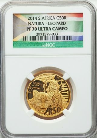 2014 South Africa Gold 50 Rand - Natura - Leopard - Ngc Pf 70 Ultra Cameo