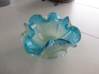 Vintage 1960s Turquoise/silver Murano Glass Italy Candy Dish/ash Tray