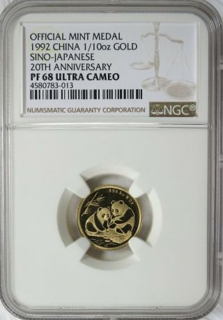 1992 China 1/10 Oz.  Gold Panda Sino - Japanese Medal Ngc Pf 68 Ultra Cameo
