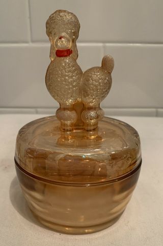 Vintage Mcm Jeannette Marigold Carnival Glass Poodle Powder Dresser Jar Box 1950