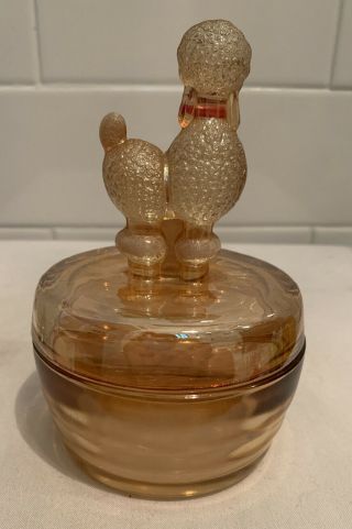 Vintage MCM Jeannette Marigold Carnival Glass Poodle Powder Dresser Jar Box 1950 3