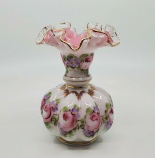 Vintage Fenton Charleton Milk Glass Melon Vase Pink Crest Ruffled Hand Painted