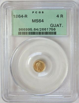 1864 R Guatemala Republic Gold 4 Reales Pcgs Ms64