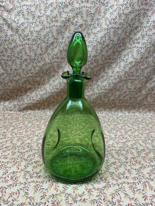 Vintage Blenko Glass Blown Green Pinched Decanter