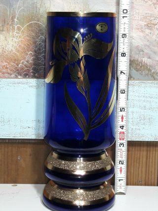 Vintage Bohemia Glass Flower Vase - Cobalt Blue /purple W Gold Trim 10 " Bohemian