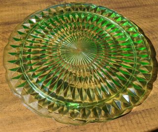 Jeannette Green Windsor Diamond 10¼ " Cake Pie Plate Footed Platter Uranium Glass