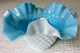 Vintage Fenton Glass Blue White Ruffle Hobnail Bowl Euc