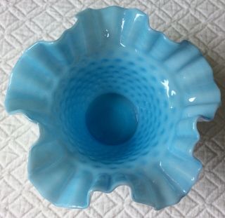 Vintage Fenton Glass Blue White Ruffle Hobnail Bowl EUC 2