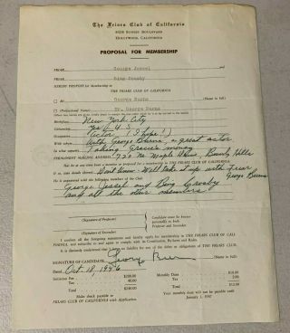 1946 The Friars Club Membership Application For George Burns Hand Signed