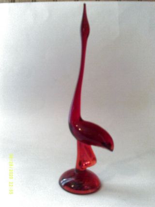 Vintage Ruby Red Viking Art Glass Egret Crane Bird Figurine Long Neck 11 "