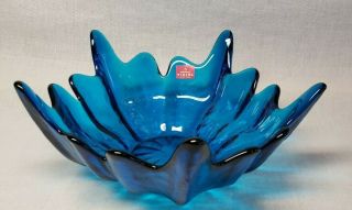 Vintage Mid Century Viking Blue Glass Large 10 " Lotus Shaped Bowl