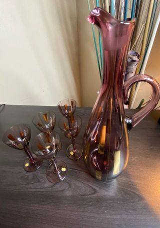 Vintage Hand Blown Mid Century Modern Bohemian Amber Glass Decanter Set Hungary