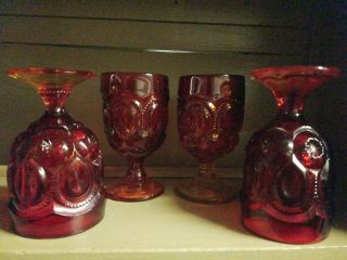 4 Vintage L.  E.  Smith Amberina Red/orange Moon & Star Glass 6 " Water Goblets