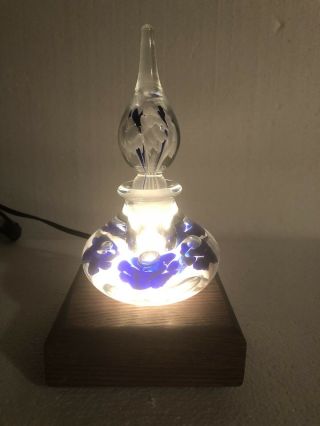 Lighted Gibson Blue Art Glass Stoppered Bottle Perfume,  Paperweight 1991milton Wv