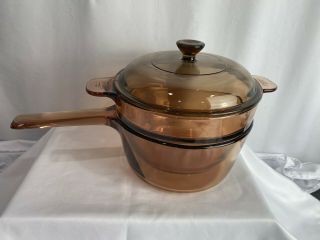 Pyrex Corning Amber Visions Cookware 1.  5 L Double Boiler With Lid - Made In Usa