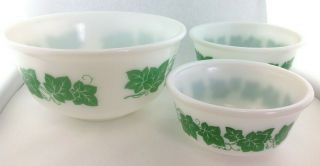 Hazel Atlas Mixing Bowls White Milk Glass With Green Ivy Leaves Set Of 3