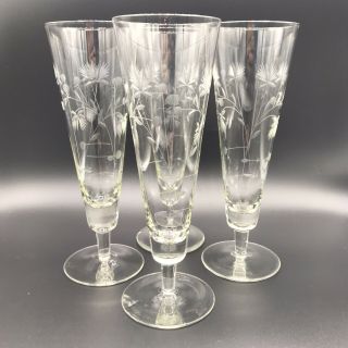 Vintage Etched Pilsner Glasses Set Of 4 Elegant Thistle Floral Pattern