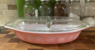 Vintage Pyrex Pink Daisy Divided Caserole With Lid