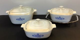 Set Of 7 Vintage Corning Ware Cornflower Blue Pattern Casserole Dishes W/trivet