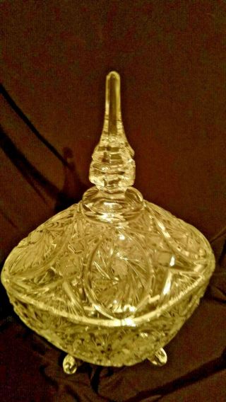 Vintage Clear Cut Crystal Covered Candy Dish Bowl Starburst Etched Pattern