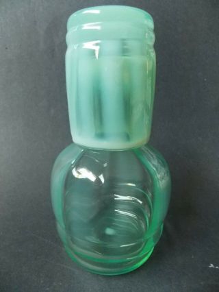 Vintage Fenton Green Opalescent Rib Optic Bottle & Tumbler Tumble Up Signed