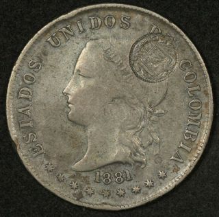 1889 Costa Rica 50 Centavos Countermark On 1881 Bogota Colombia 50 Centavos