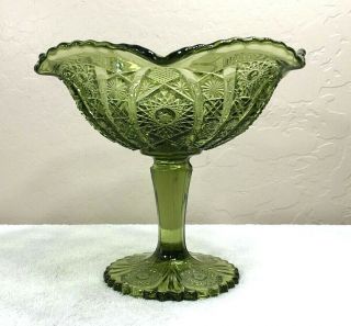Vintage L.  E; Smith Avocado Green Pressed Glass Footed Bowl Hobstar Design