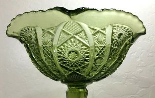 Vintage L.  E; Smith Avocado Green Pressed Glass Footed Bowl Hobstar Design 2