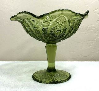 Vintage L.  E; Smith Avocado Green Pressed Glass Footed Bowl Hobstar Design 3