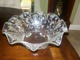 Vintage Cambridge Rose Point Etched Ruffled Console Bowl