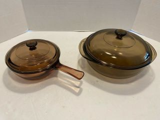 2 Vintage Vision Corning Ware Usa Amber 1.  5l &.  5 L Sauce Pans 2 Lids Are Pyrex