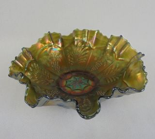 FENTON CARNIVAL GLASS BOWL PEACOCK AND GRAPE - STUNNING COLOURS 2