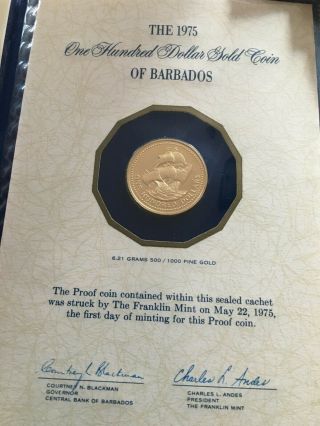 1975 Barbados $100 Gold Proof Coin.  Cachet.  Franklin