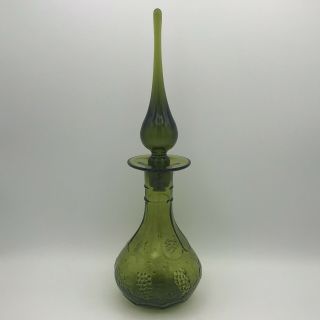 Vintage Green Genie Bottle Decanter Grape Clusters Motif Mcm Approx 13”
