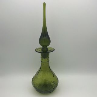 Vintage Green Genie Bottle Decanter Grape Clusters Motif MCM Approx 13” 3