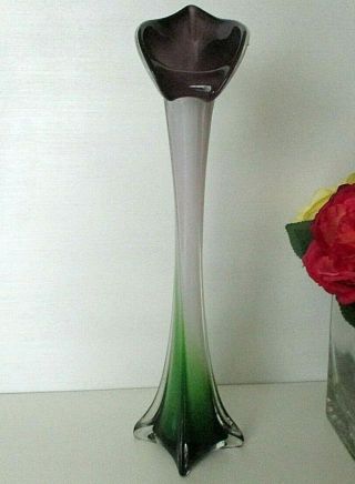 Murano Art Glass Jack In The Pulpit Tall 16 " Green,  White To Purple Glass Vase
