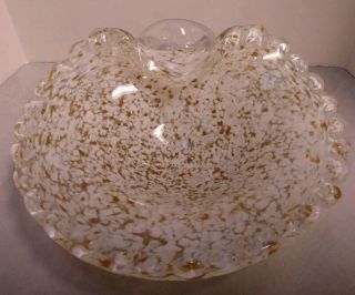 Murano Art Glass Bowl Aventurine White Gold Controlled Bubbles Sticker Italy Vtg