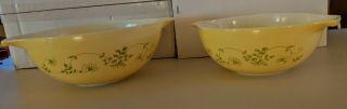 2 Vintage Pyrex Shenandoah Cinderella Mixing Bowls 443,  444 Yellow Green Floral