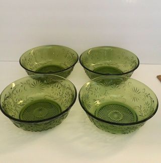 4 Vtg Indiana Glass Green Daisy Large Bowls Soup Salad Berry Bowl