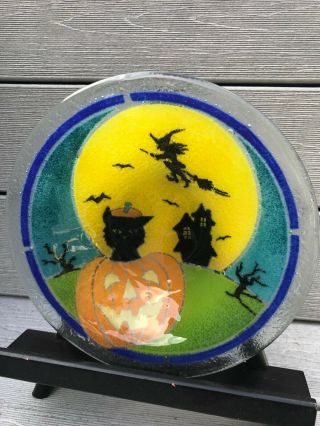 Peggy Karr Fused Glass Halloween Boo Bowl 8.  5 " Signed Black Cat Witch Pumpkin