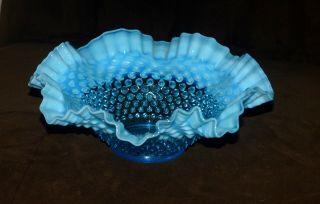 Vintage Fenton Carnival Art Glass Blue Opalescent Hobnail Crimped 10 1/4 " Bowl