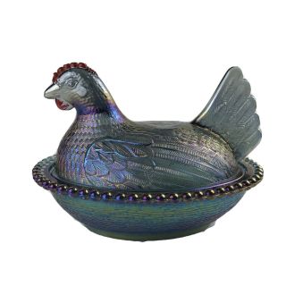 Vintage Carnival Indiana Glass Iridescent Blue Hen On Nest Covered Candy Dish