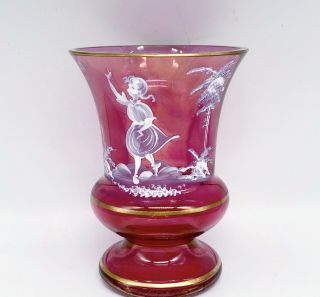 Vtg Fenton Mary Gregory Girl Chasing Butterfly Gold Rim Cranberry Glass Vase 5”h