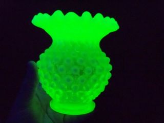 Fenton Topaz Opalescent Vaseline Glass Hobnail Rose Bowl Vase 4 5/8 