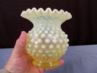 Fenton Topaz Opalescent Vaseline Glass Hobnail Rose Bowl Vase 4 5/8 